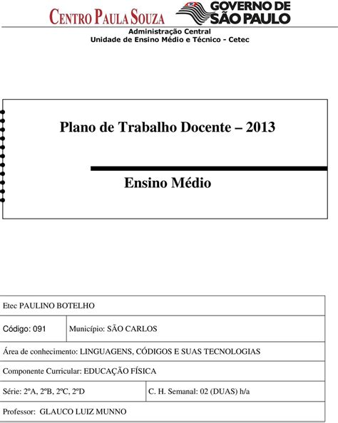 Plano de Trabalho Docente Ensino Médio PDF Free Download