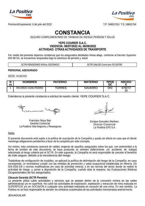 Constancia SCTR Muy Buenas 9452 SCTR SALUD Contrato 9118700SCTR