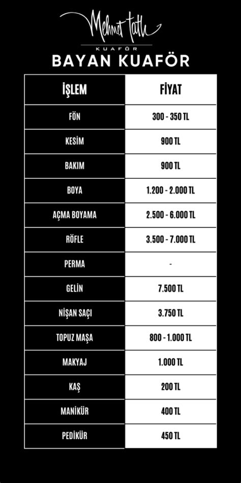 Fiyat Listesi Kurtk Y Bay Bayan Kuaf R Mehmet Tatl Kurtk Y