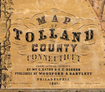 Map of Tolland County CT 1857 Wallmap Reprint