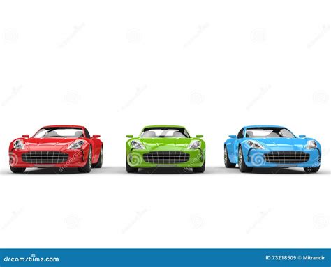 Beautiful Sports Cars Red Green And Blue Front View Stock Image