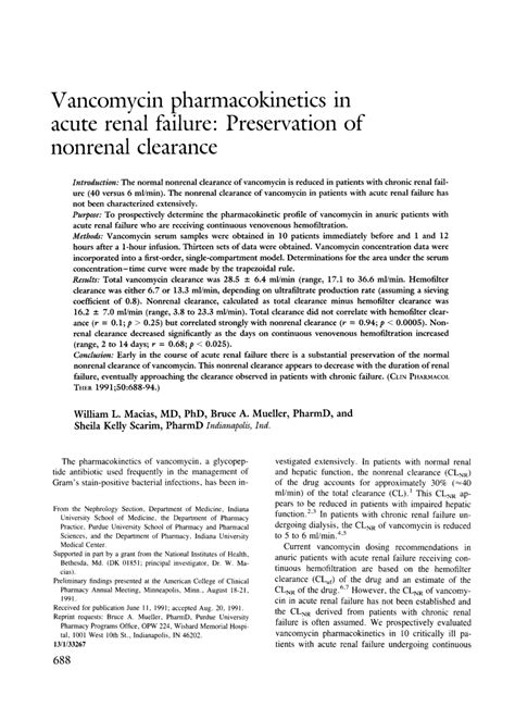 Pdf Vancomycin Pharmacokinetics In Acute Renal Failure Preservation