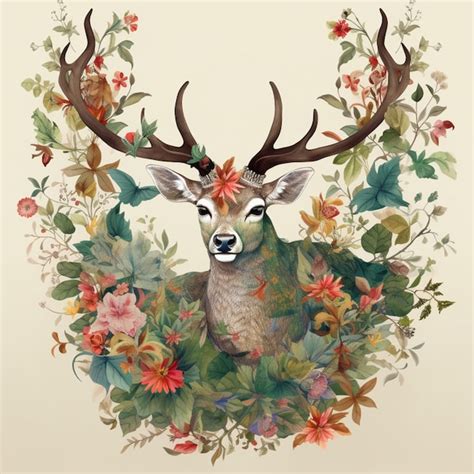 Premium Ai Image There Is A Deer With Antlers And Flowers In The