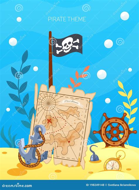 Pirate Theme. Vector Cartoon Treasure Pirate Map of Ocean, Steering ...