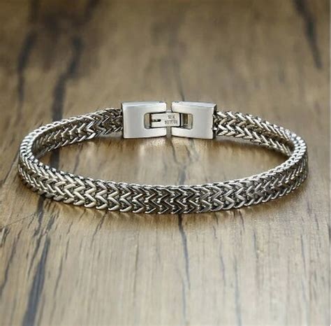 Mens Silver Stainless Steel Link Chain Foxtail Bracelet Minimalist