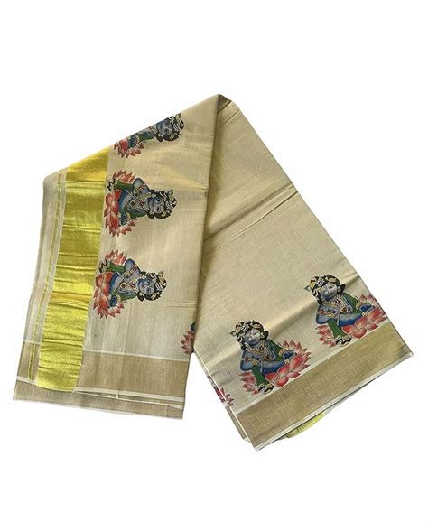 Kuthampully Kerala Kasavu Saree Tissue Mural Painted Traditional South