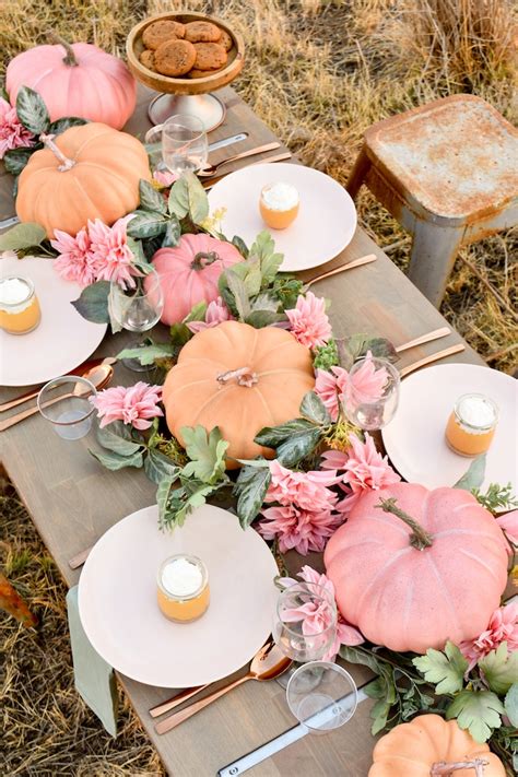 Karas Party Ideas Fall Pumpkin Floral Blush Tablescape Pumpkin