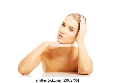 Portrait Nude Woman Sitting Desk Holding