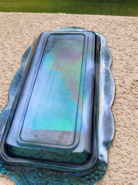 Iridescent Vintage Antique Blue Carnival Glass Butter Dish Etsy