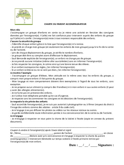 Remplissable En Ligne La Charte Du Parent Accompagnateur Ou De L