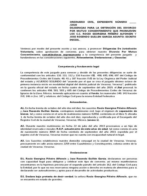 Solicitud De Divorcio Por Mutuo Consentimiento Y Acuerdo Sobre Custodia