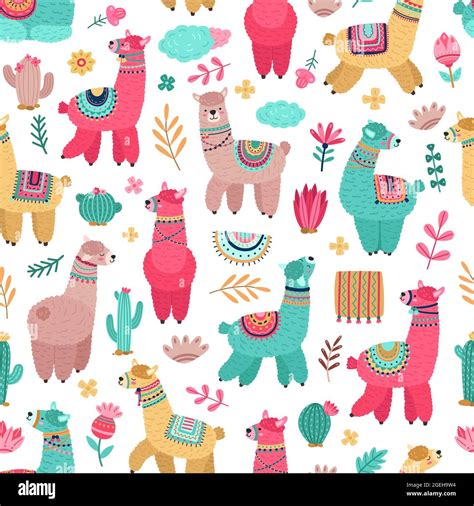 Llama Pattern Drawing Animals Cartoon Llamas Cactus Seamless Texture