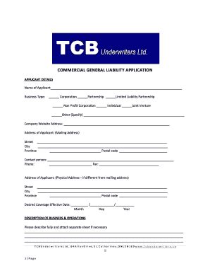 Fillable Online Commercial General Liability Application Tcb