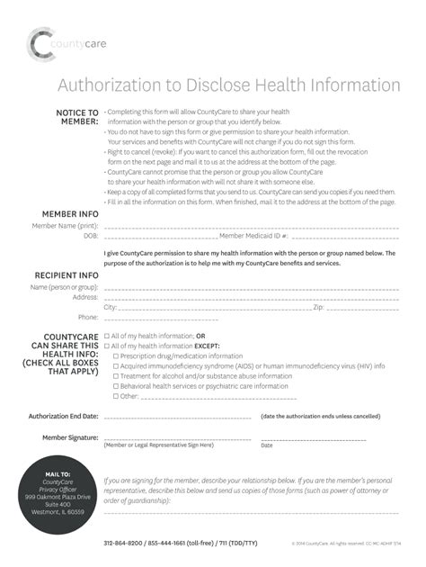 Fillable Online Countycare Authorization To Disclose Health Information Form Authorization To