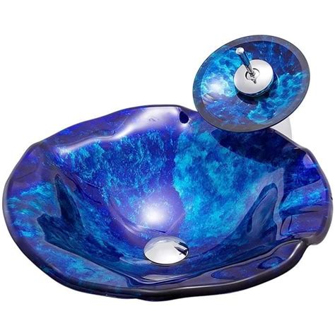 Lavabo Vasque En Verre Trempe Vasque A Poser Feuille De Lotus Bleu