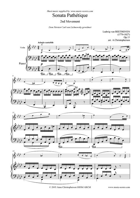 Beethoven Op13 Sonata 08 Pathétique 2nd Mvt Violin Classical Sheet Music