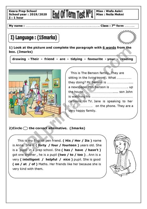 End Of Term Test N1 7th Form ESL Worksheet By Wafouta