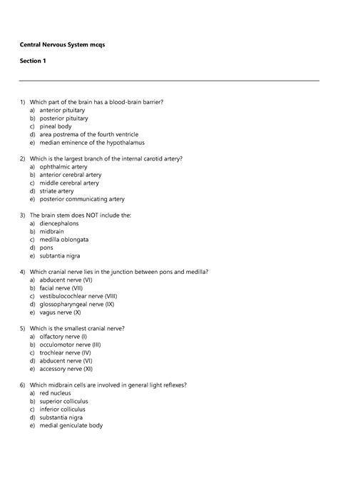 Central Nervous System MCQ Central Nervous System Mcqs Section 1