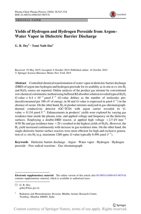 Yields Of Hydrogen And Hydrogen Peroxide From Argonwater Vapor In