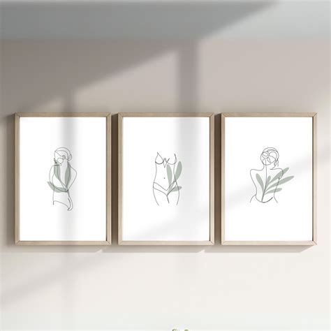 Naked Woman Line Art With Sage Green Leaves Set Of Minimalist Female