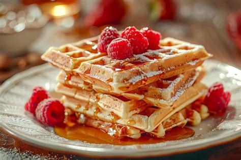 Premium Photo Belgian Waffles And Raspberries Drizzled With Maple