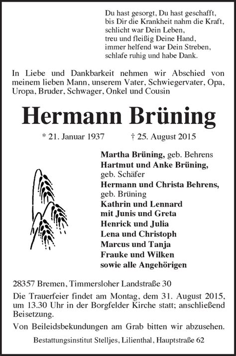 Traueranzeigen Von Hermann Br Ning Trauer Gedenken