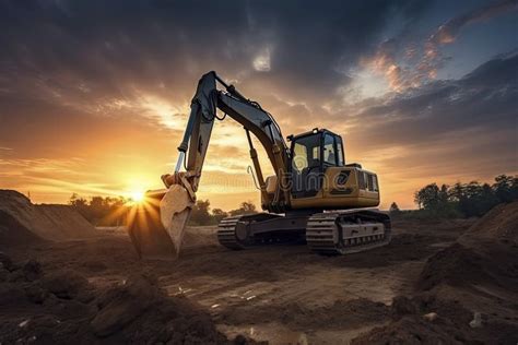 Excavator In Construction Site On Sunset Sky Stock Illustration