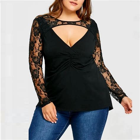 Sexy V Neck Pleated Solid Shirts Women Plus Size Lace See Through