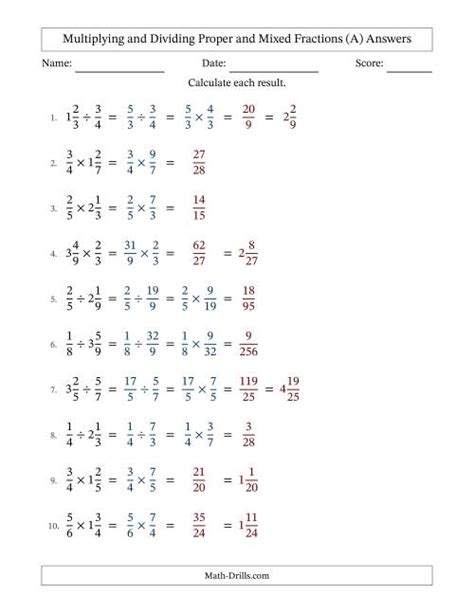 Multiplying And Dividing Proper And Mixed Fractions With No Simplifying A