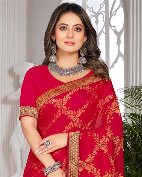 Vishal Prints Dark Red Brasso Saree With Foil Print And Zari Border