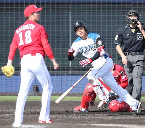 練習試合＜日・広＞8回2死二塁、中越えに適時二塁打を放つ野村（投手・森下）（撮影・成瀬 徹）＝28日、沖縄･名護 ― スポニチ