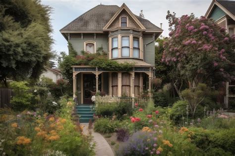 Premium Ai Image Victorian House Surrounded By Lush Garden Filled