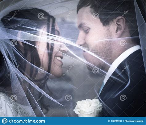 Bride And Groom Kissing Under A Veil Stock Image Image Of Marriage