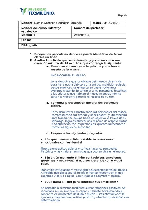 Actividad 3 Liderazgo Estrategico Reporte Nombre Natalia Michelle