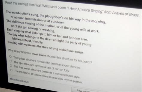 Solved Read This Excerpt From Walt Whitman S Poem I Hear America