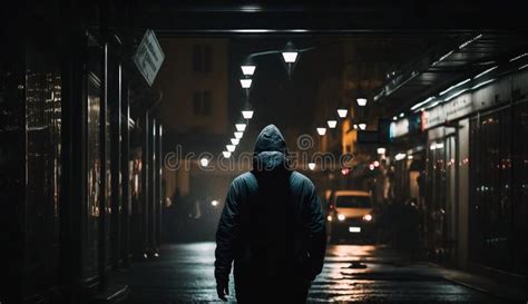 Hombre Caminando En La Calle De La Ciudad Por La Noche Stock De