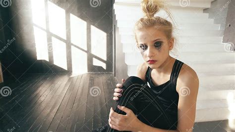 Young Teenage Girl Dancer Crying After Loss Perfomance Sit On Cube