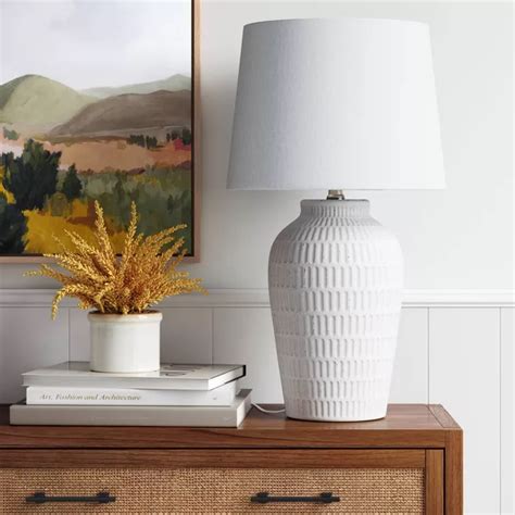 Large Ceramic Textured Table Lamp Base Includes LED Light Bulb White