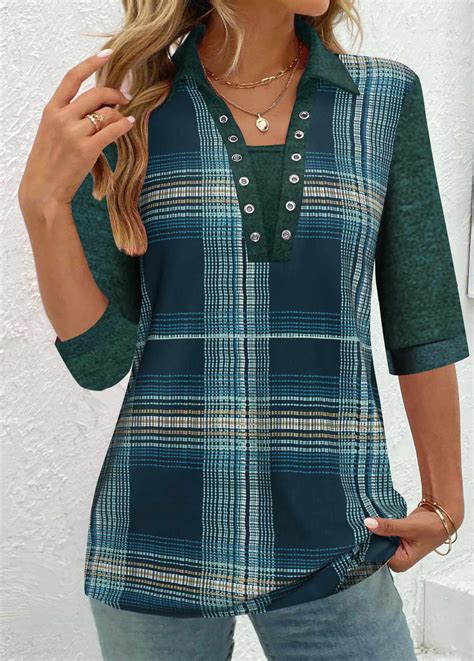 Peacock Blue Plus Size Patchwork Plaid Half Sleeve Blouse Rosewe