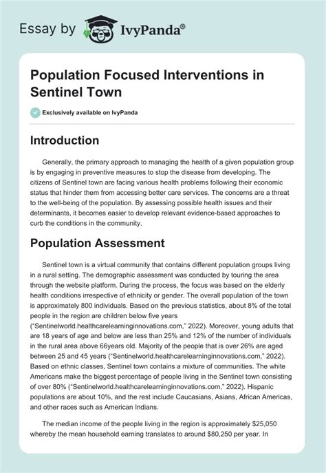 Population Focused Interventions In Sentinel Town 1153 Words