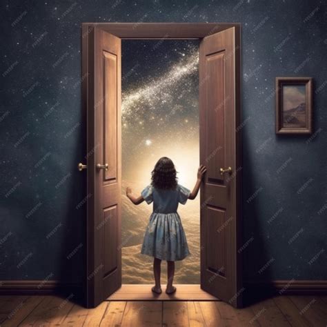 Premium Photo | A woman standing in front of a door opening to a galaxy