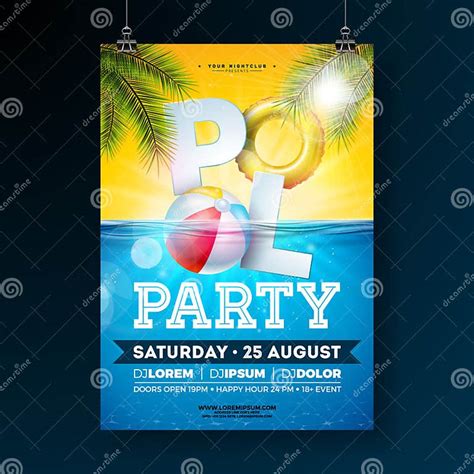 Summer Pool Party Poster Design Template With Palm Leaves Water Beach