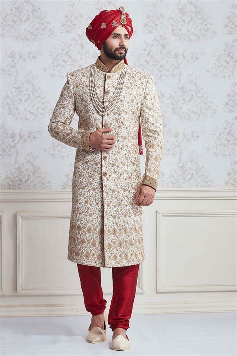 Buy White Zari Embroidered Raw Silk Wedding Sherwani Online Groom