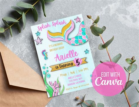 Mermaid Birthday Invitation Splish Splash Mermaid Party Invite Editable Mermaid Invitation