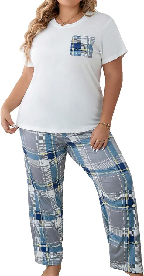 OYOANGLE Women S Plus Size Two Piece Short Sleeve Pajama Sets Plaid