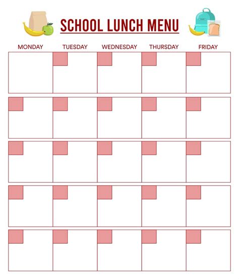 School Lunch Menu Template Printable Weekly Menu Template Monthly Menu