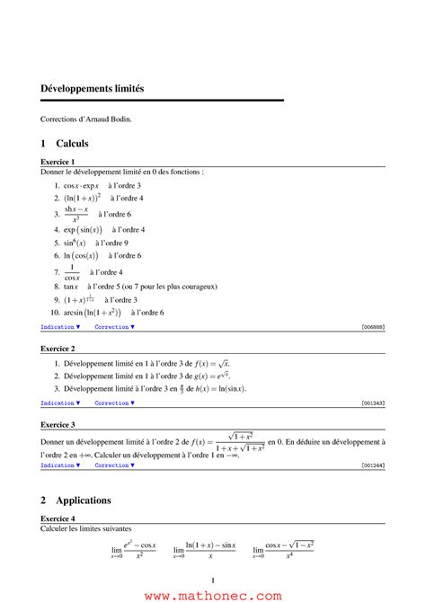 Exercices Développements Limités Développements Limités Corrections D’arnaud Bodin 1 Calculs