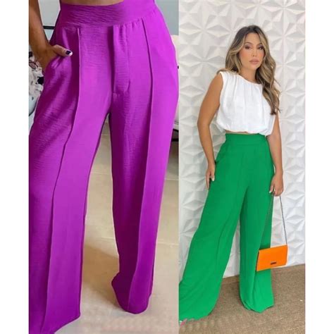 Calca Feminina Pantalona Wide Leg Social Alfaiataria Solta Shopee Brasil