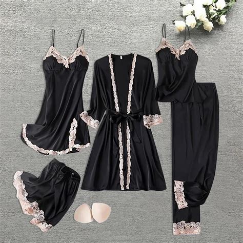 5 Pçs Conjunto De Robe De Seda Feminino Rendas Pijamas Conjunto De