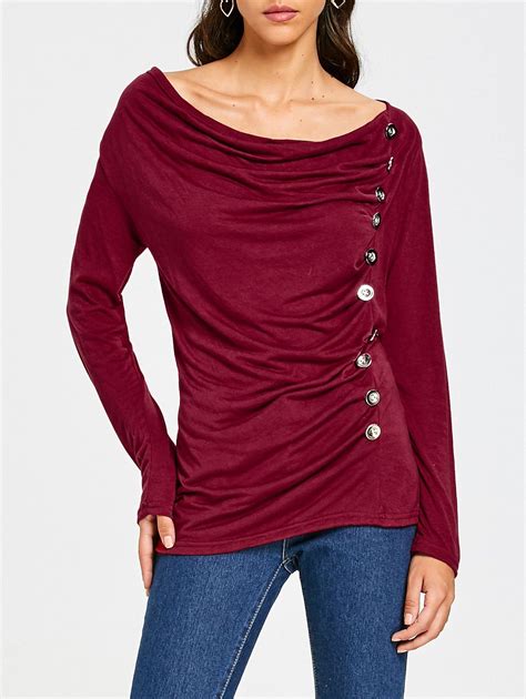 68 OFF Cowl Neck Long Sleeve Button Embellished Blouse For Women